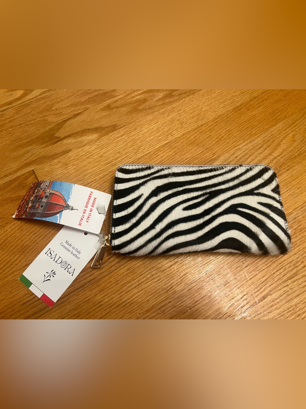 Isadora genuine leather hair-on-hide zebra print zip wallet made in Italy